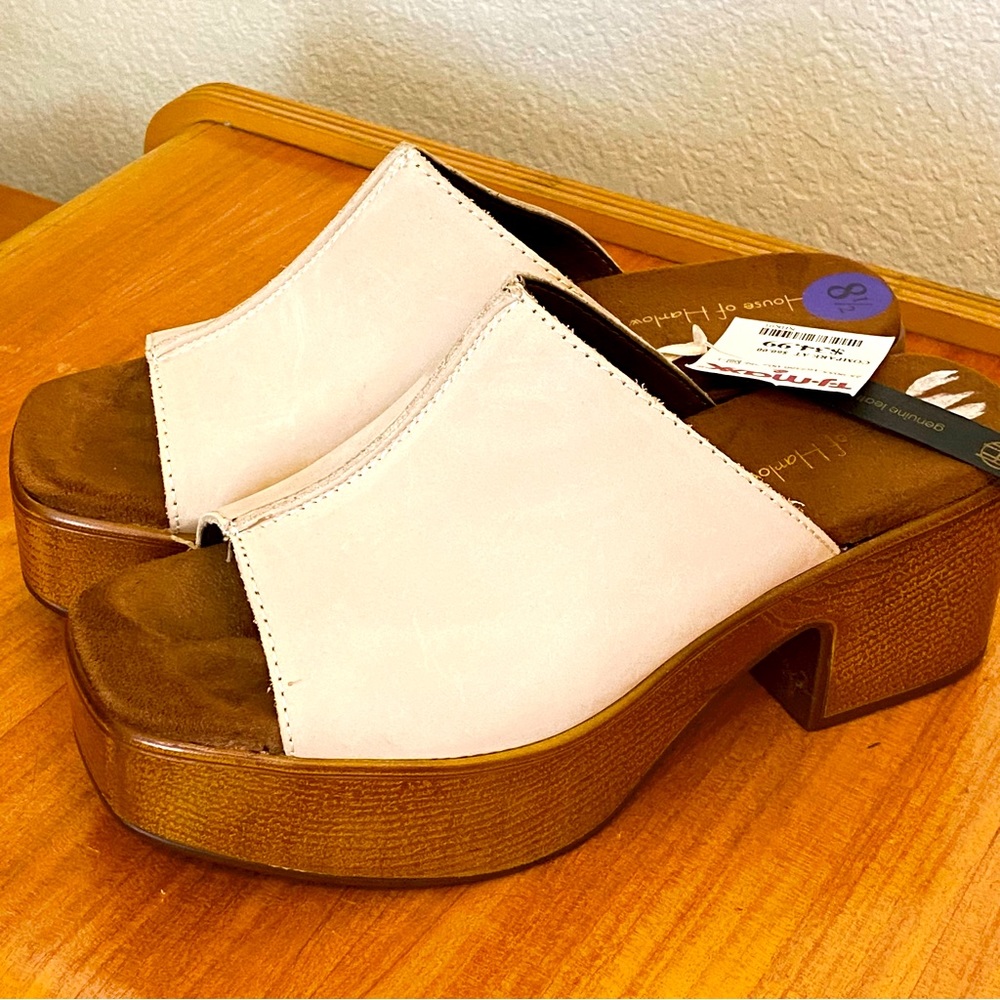 NEW House of Harlow Platform Clog Sandals Ivory Cream Beige Leather 8.5 Wood